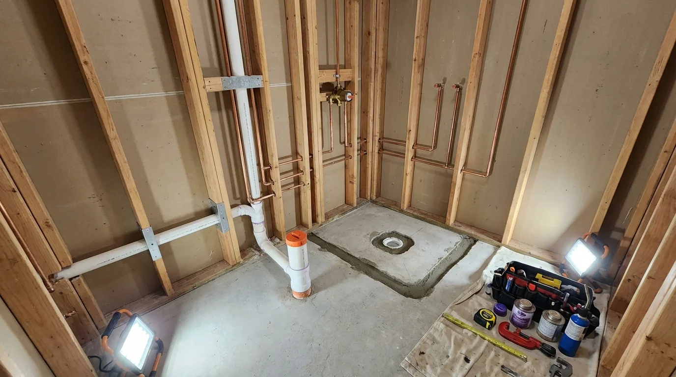 Bathroom rough-in plumbing during remodel by Johns Plumbing LLC in Montpelier