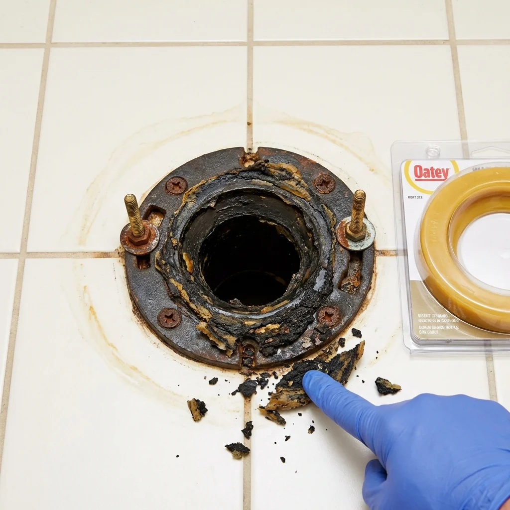 Failed wax ring showing water seepage at the base of a toilet in a Montpelier, ID home
