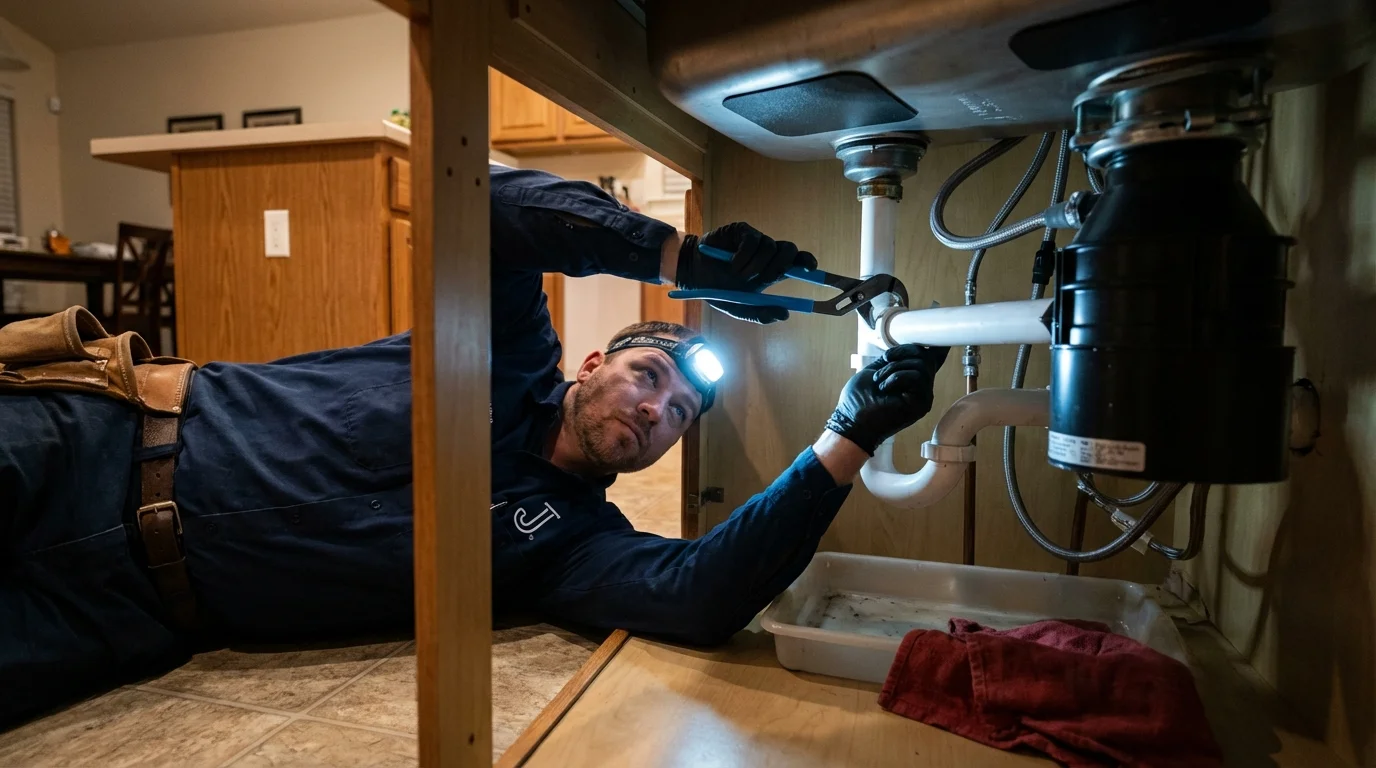 P-trap and supply line connections under a kitchen sink showing a common leak point in Montpelier, ID